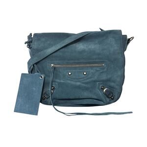 VTG Balenciaga Neo Folk Messenger Bag 2011 Turquoise Suede Crossbody Y2K Moto